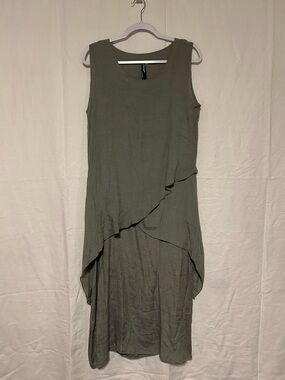Olive Green Sleeveless Maxi Dress with Layered Asymmetric Hem